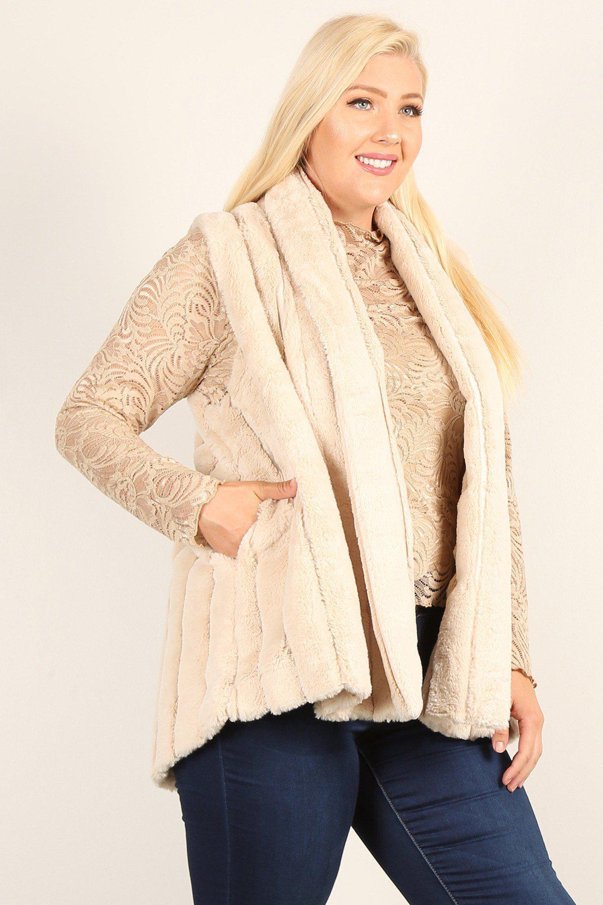 Plus Size Faux Fur Vest Jacket With Open Front, Hi-lo Hem, And Pockets Blue Zone Planet