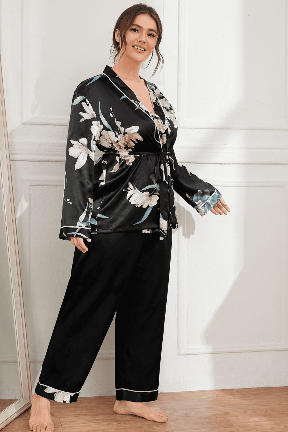 Plus Size Floral Belted Robe and Pants Pajama Set BLUE ZONE PLANET