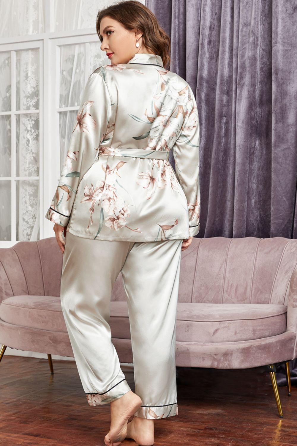 Plus Size Floral Belted Robe and Pants Pajama Set BLUE ZONE PLANET