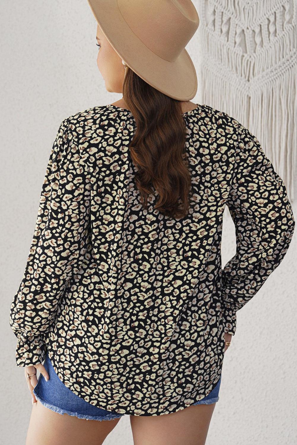 Plus Size Floral Flounce Sleeve Tie-Neck Blouse BLUE ZONE PLANET