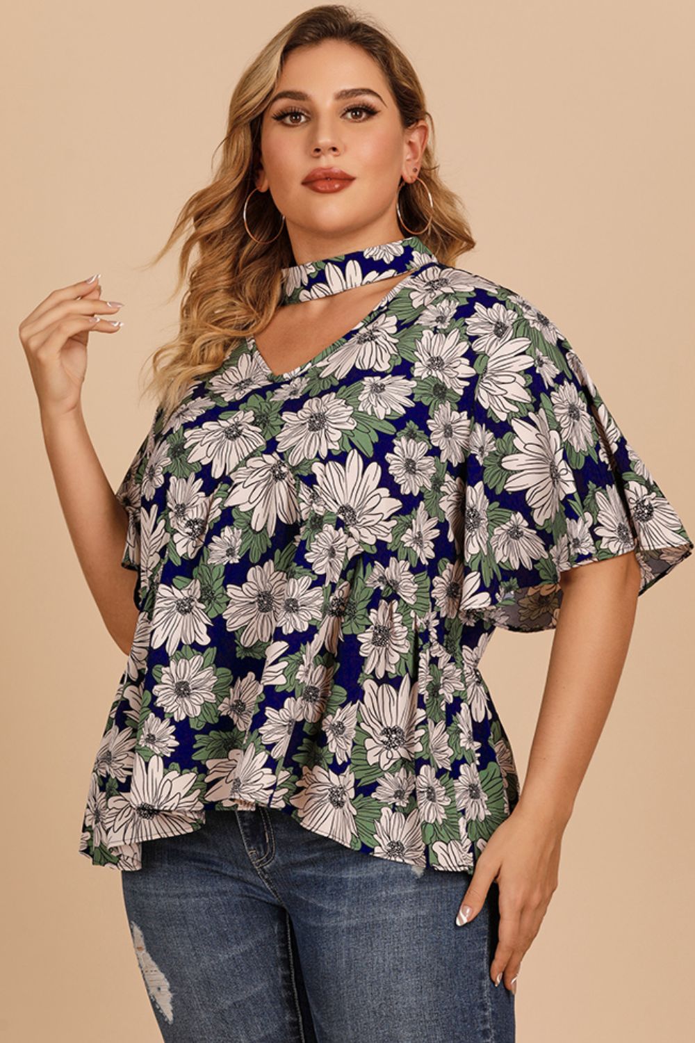 Plus Size Floral Flutter Sleeve Cutout Blouse BLUE ZONE PLANET