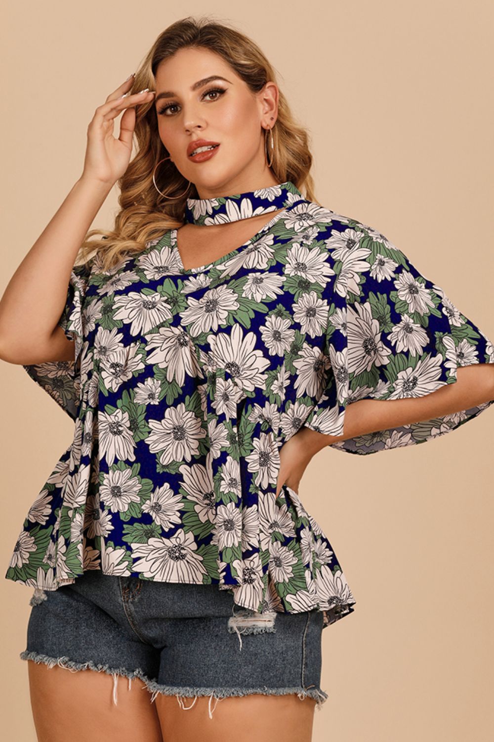 Plus Size Floral Flutter Sleeve Cutout Blouse BLUE ZONE PLANET