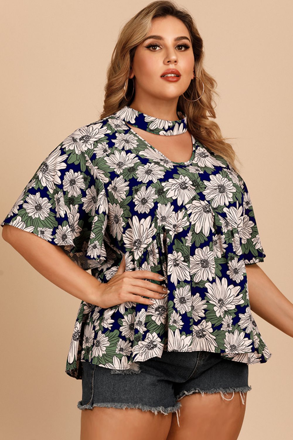 Plus Size Floral Flutter Sleeve Cutout Blouse BLUE ZONE PLANET
