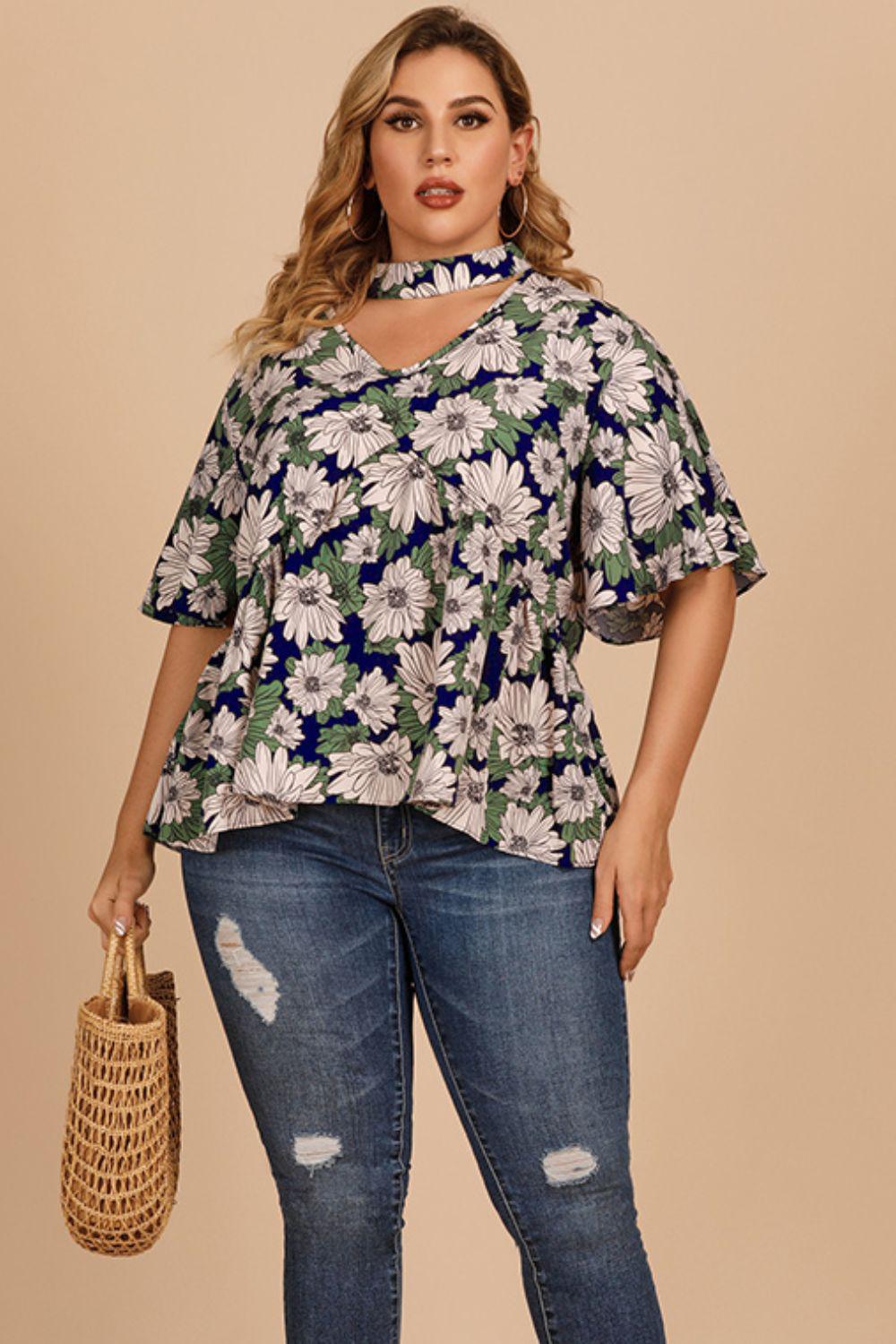 Plus Size Floral Flutter Sleeve Cutout Blouse BLUE ZONE PLANET