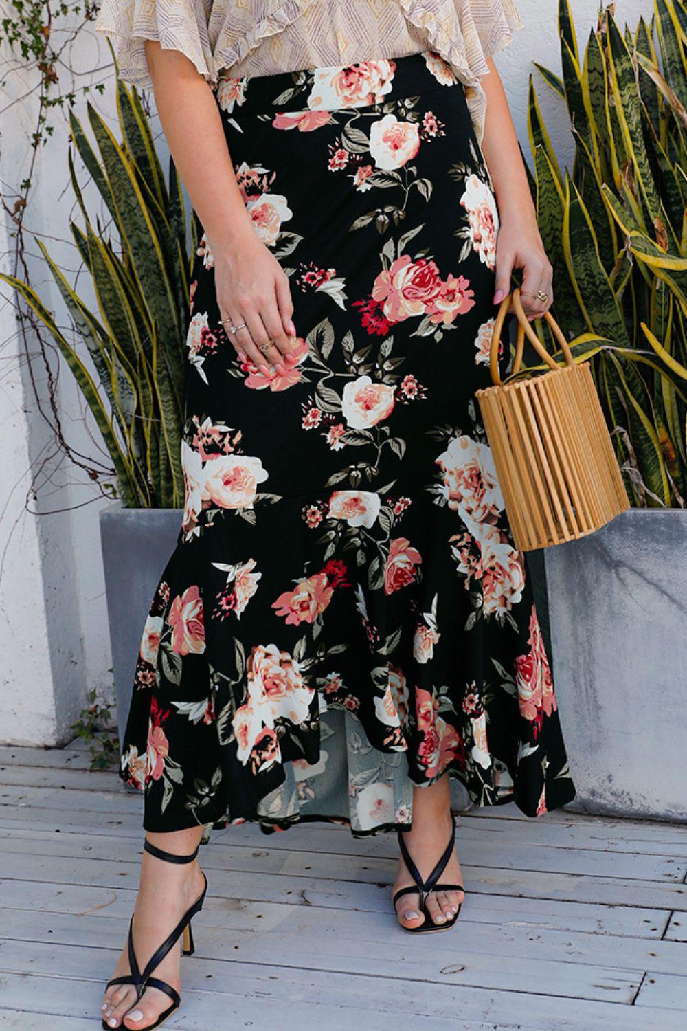 Plus Size Floral High-Rise Skirt BLUE ZONE PLANET