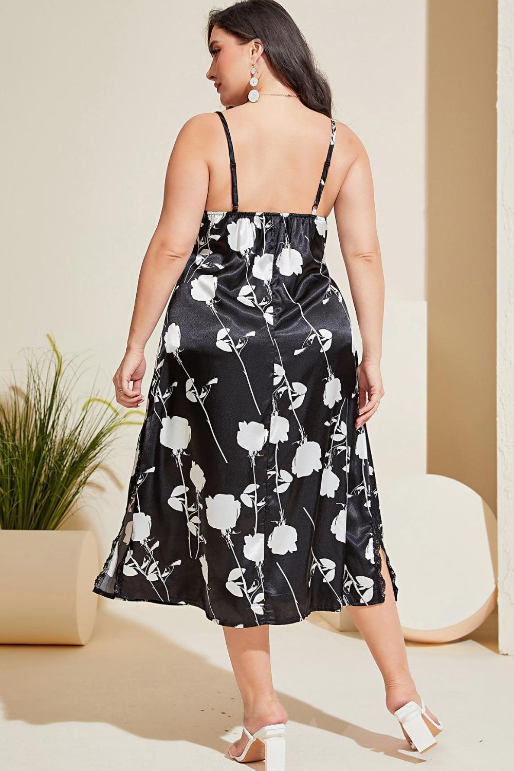 Plus Size Floral Lace Trim Side Slit Night Dress BLUE ZONE PLANET