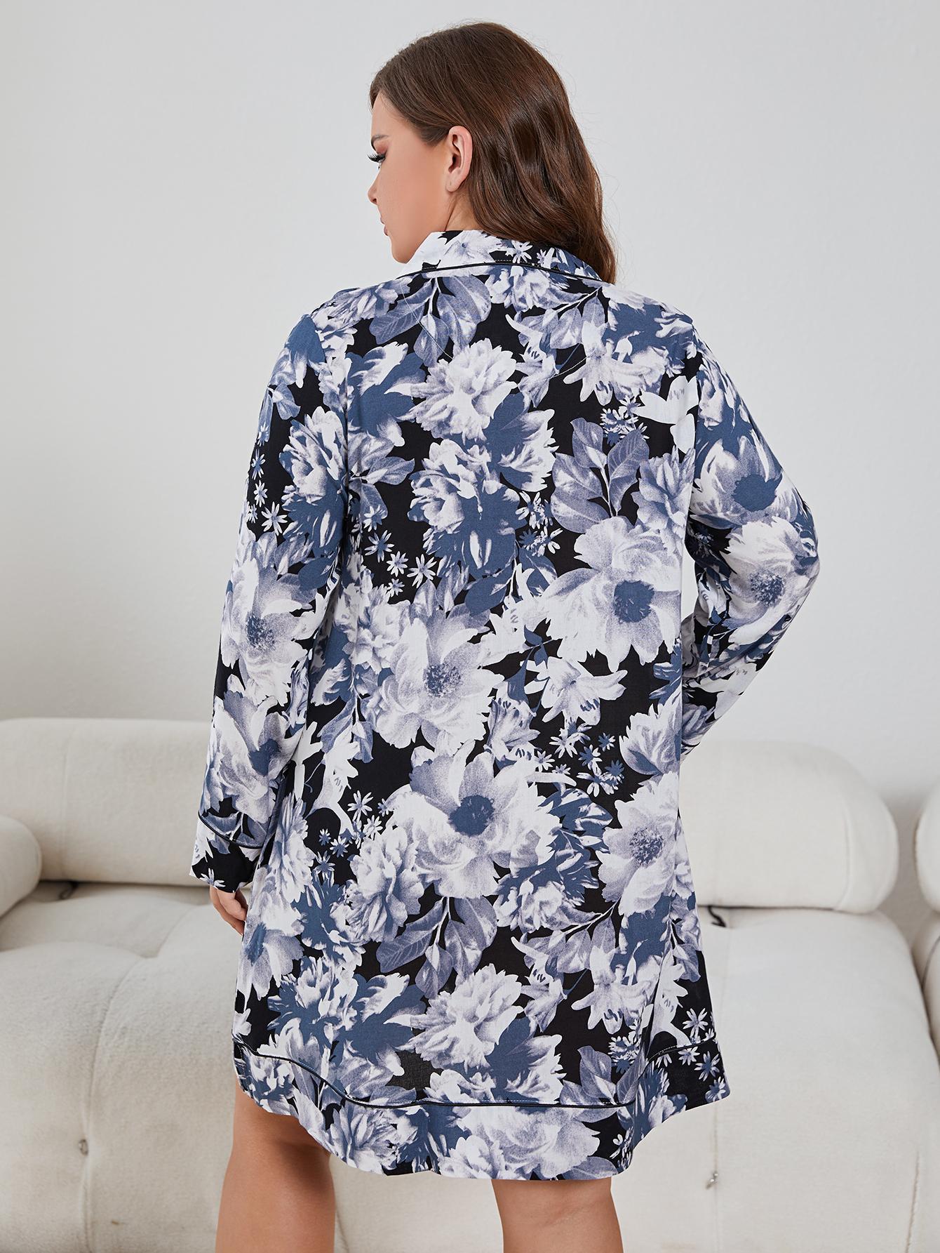Plus Size Floral Lapel Collar Long Sleeve Night Dress BLUE ZONE PLANET