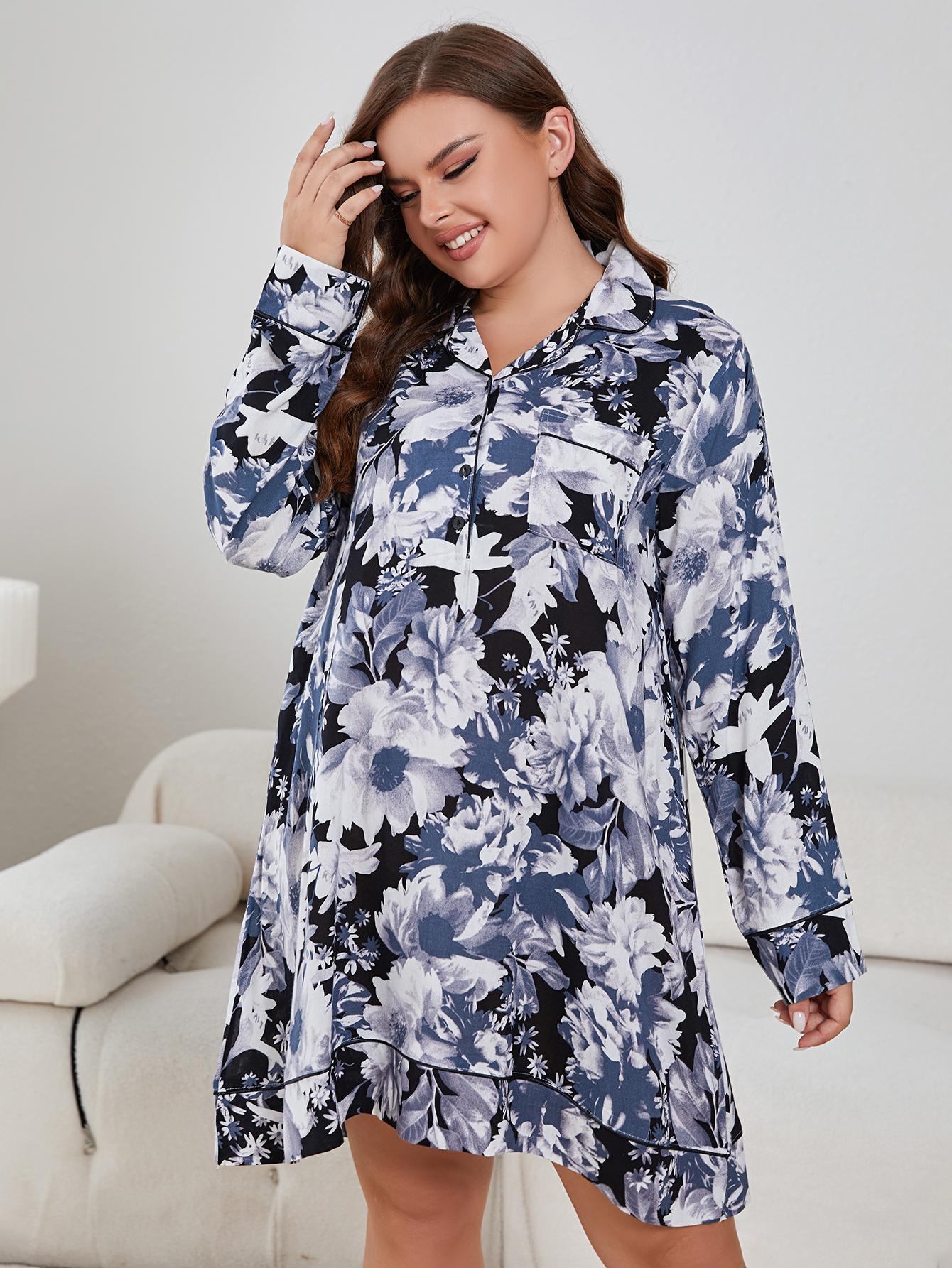 Plus Size Floral Lapel Collar Long Sleeve Night Dress BLUE ZONE PLANET