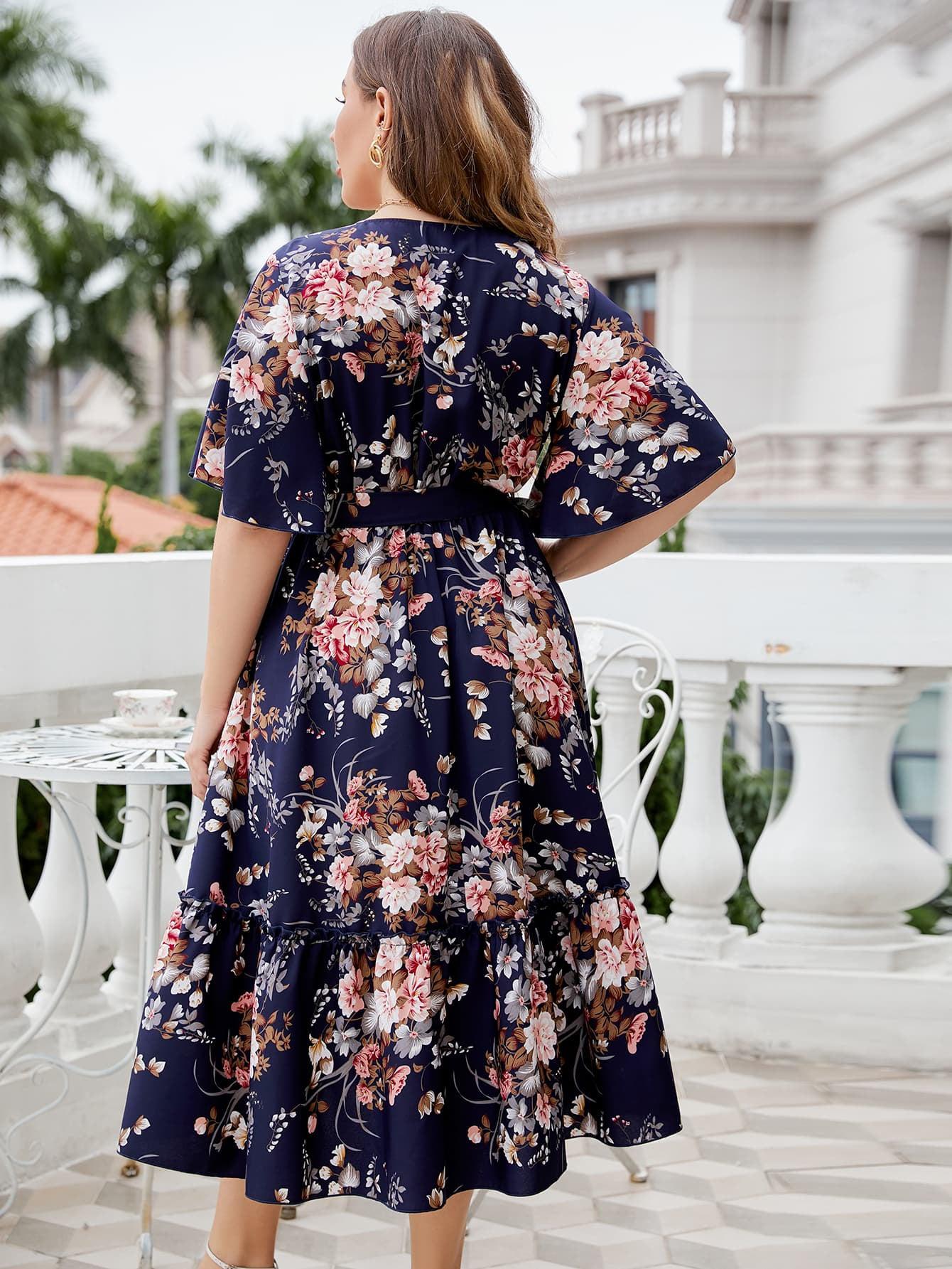 Plus Size Floral Surplice Neck Midi Dress BLUE ZONE PLANET