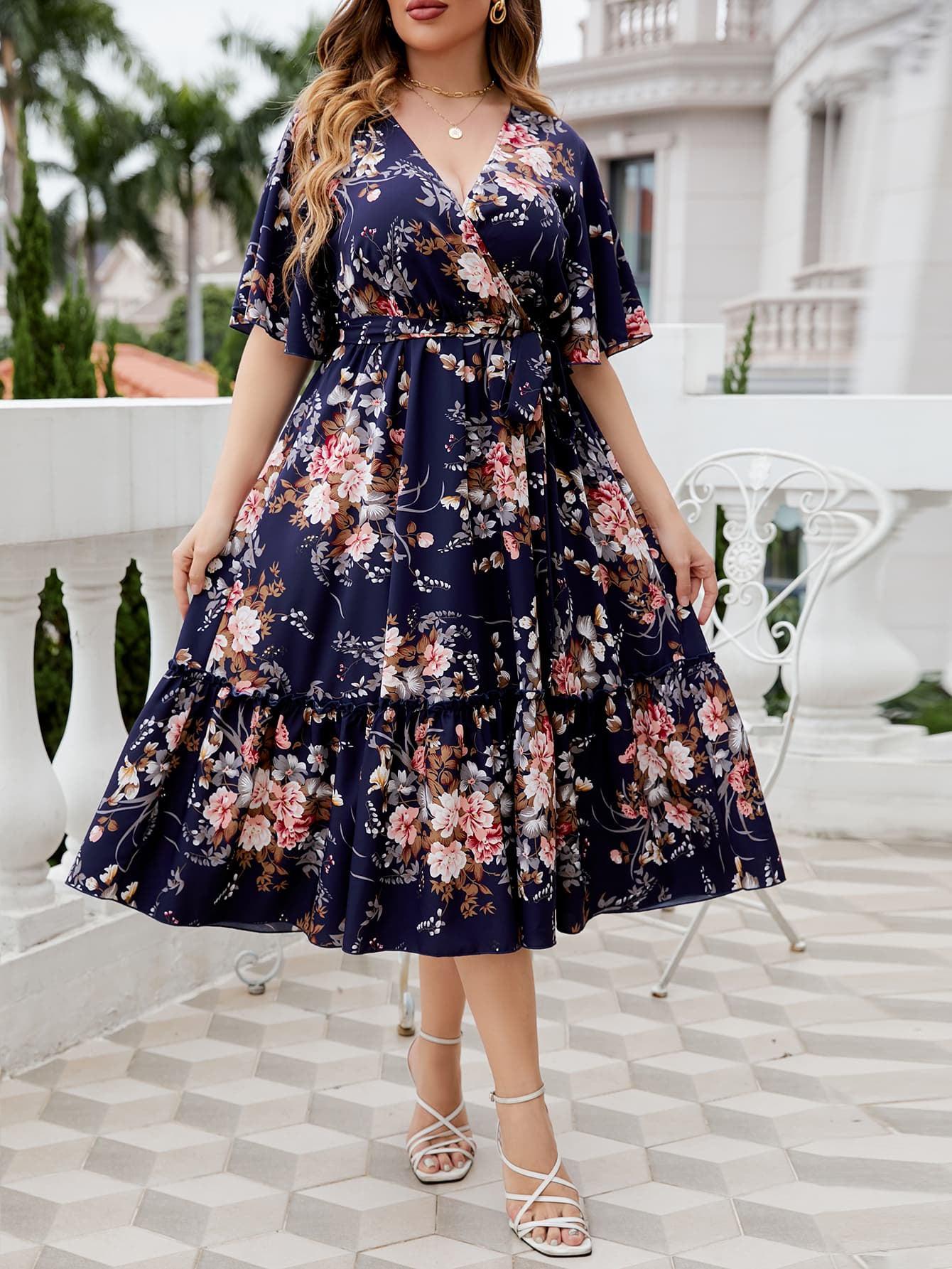 Plus Size Floral Surplice Neck Midi Dress BLUE ZONE PLANET