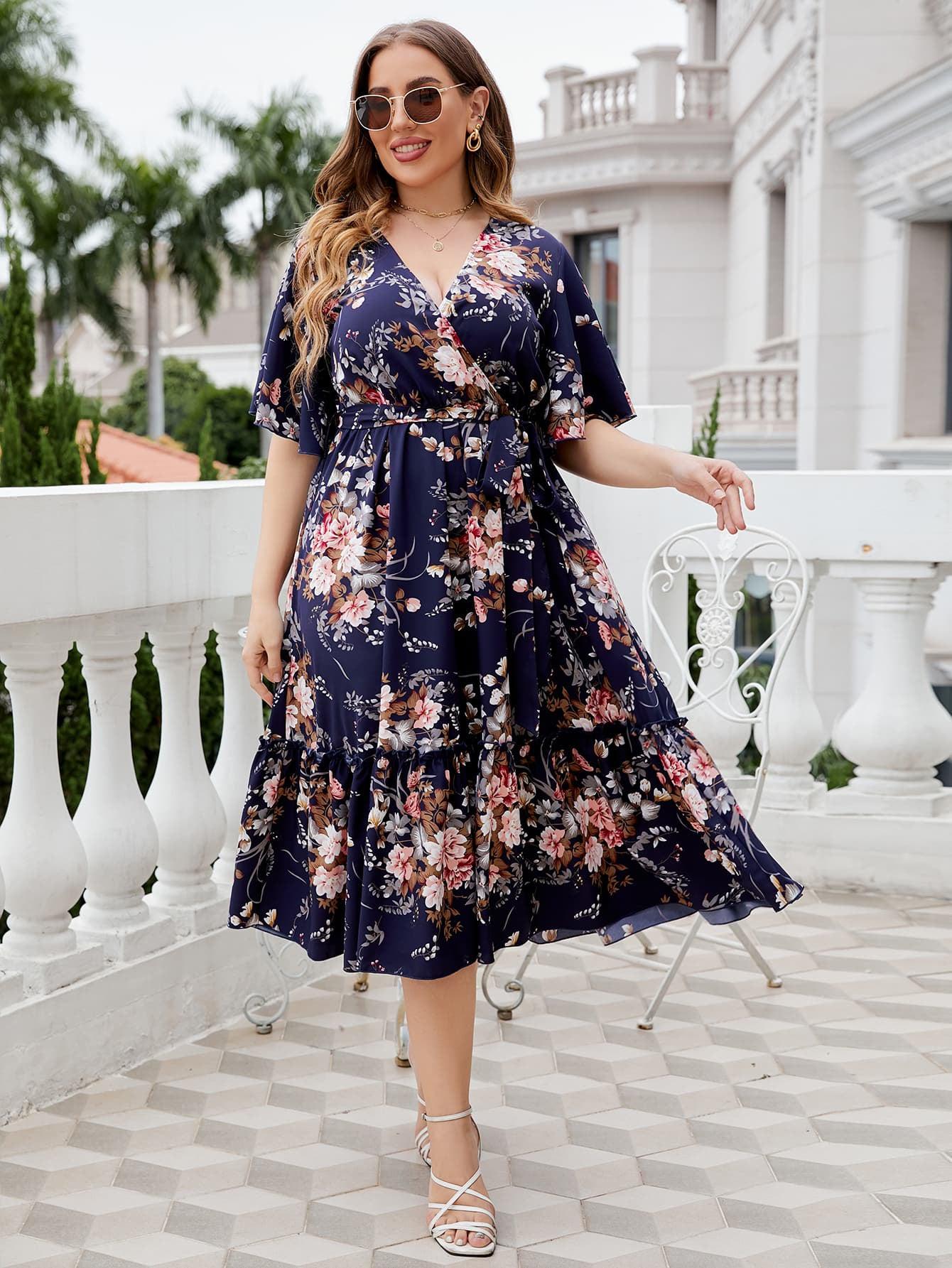 Plus Size Floral Surplice Neck Midi Dress BLUE ZONE PLANET