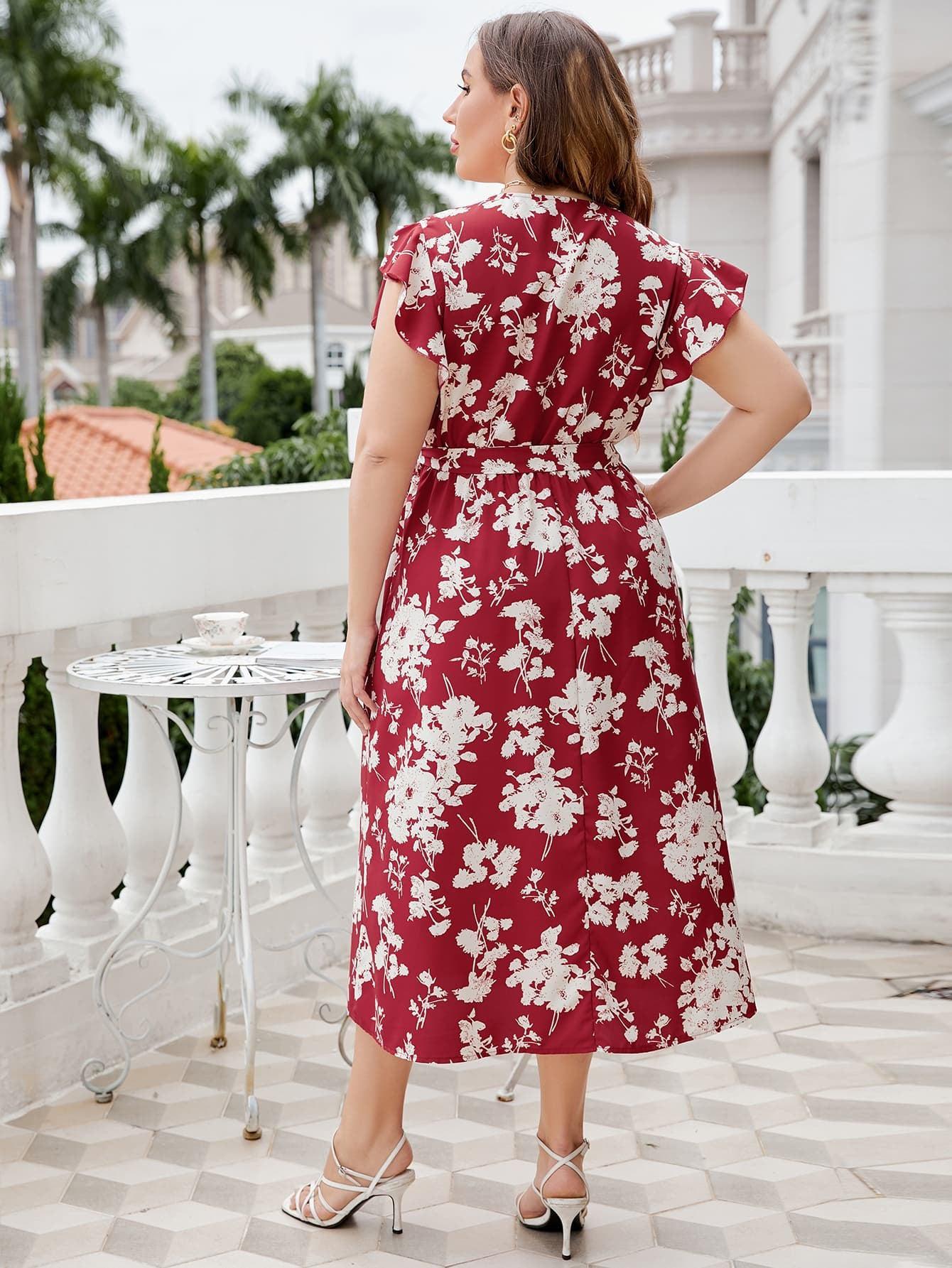 Plus Size Floral Tie Waist Surplice Neck Midi Dress BLUE ZONE PLANET