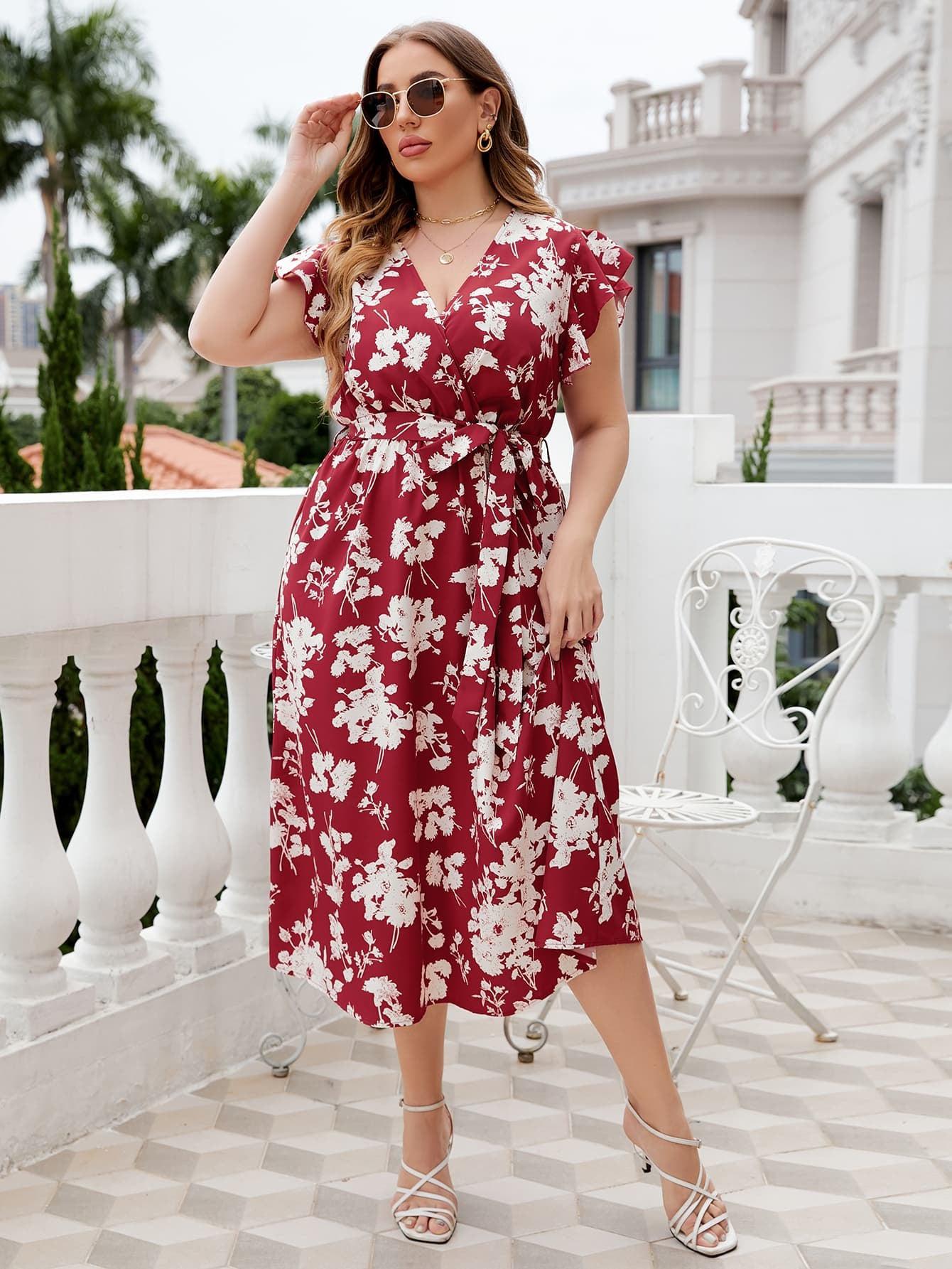Plus Size Floral Tie Waist Surplice Neck Midi Dress BLUE ZONE PLANET