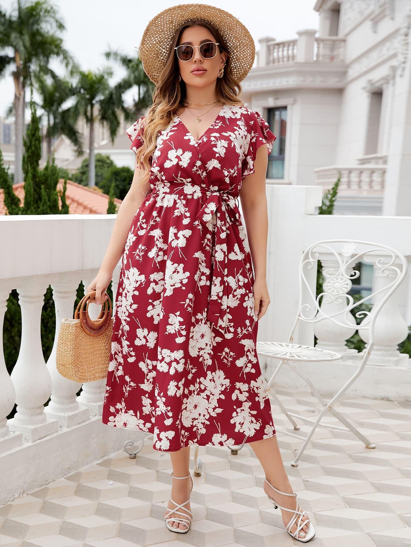 Plus Size Floral Tie Waist Surplice Neck Midi Dress BLUE ZONE PLANET