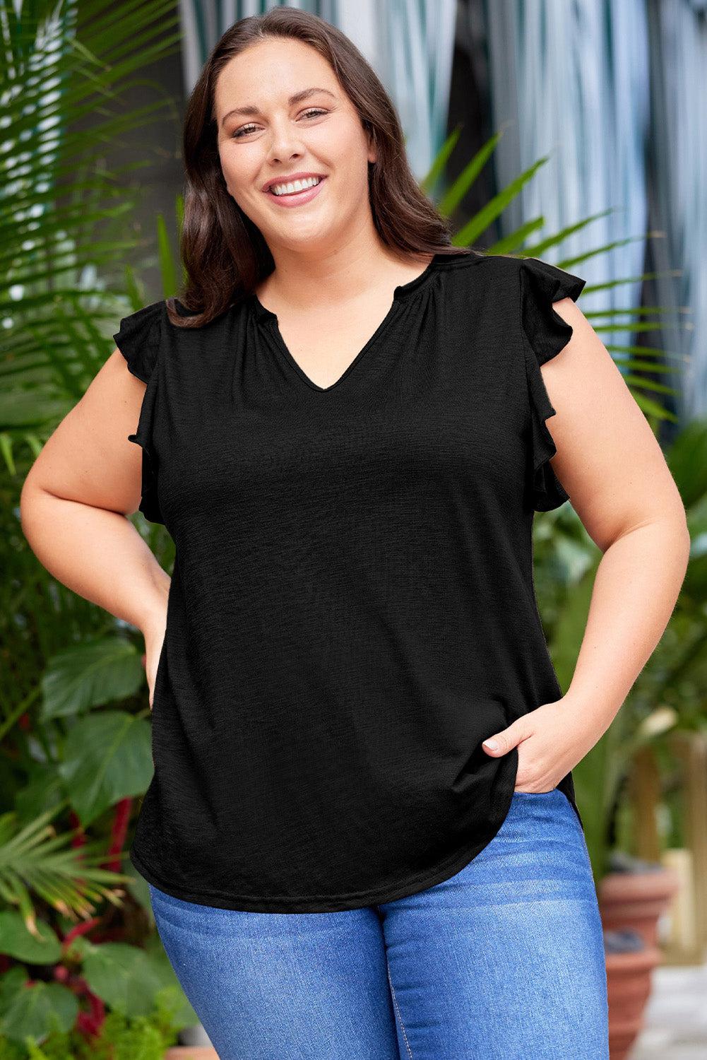 Plus Size Flutter Sleeve Notched Blouse BLUE ZONE PLANET