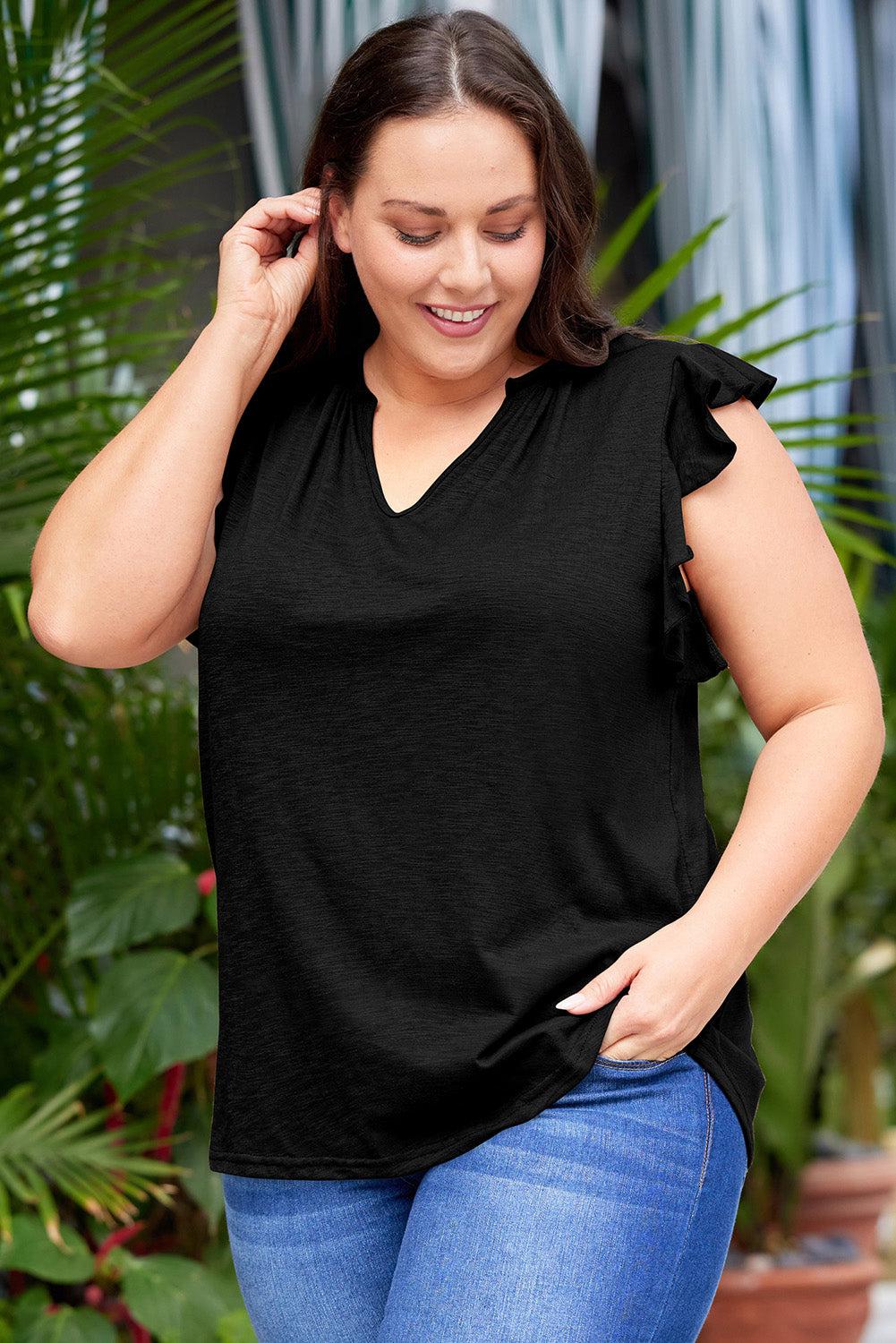 Plus Size Flutter Sleeve Notched Blouse BLUE ZONE PLANET