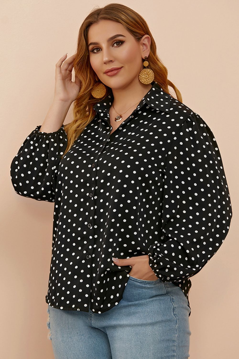 Plus Size Polka Dot Balloon Sleeve Shirt BLUE ZONE PLANET
