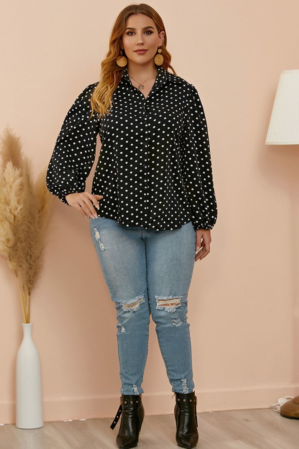 Plus Size Polka Dot Balloon Sleeve Shirt BLUE ZONE PLANET