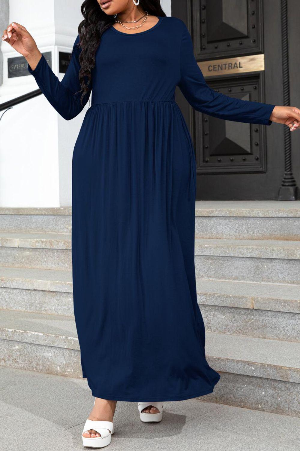 Plus Size Round Neck Long Sleeve Maxi Dress with Pockets BLUE ZONE PLANET
