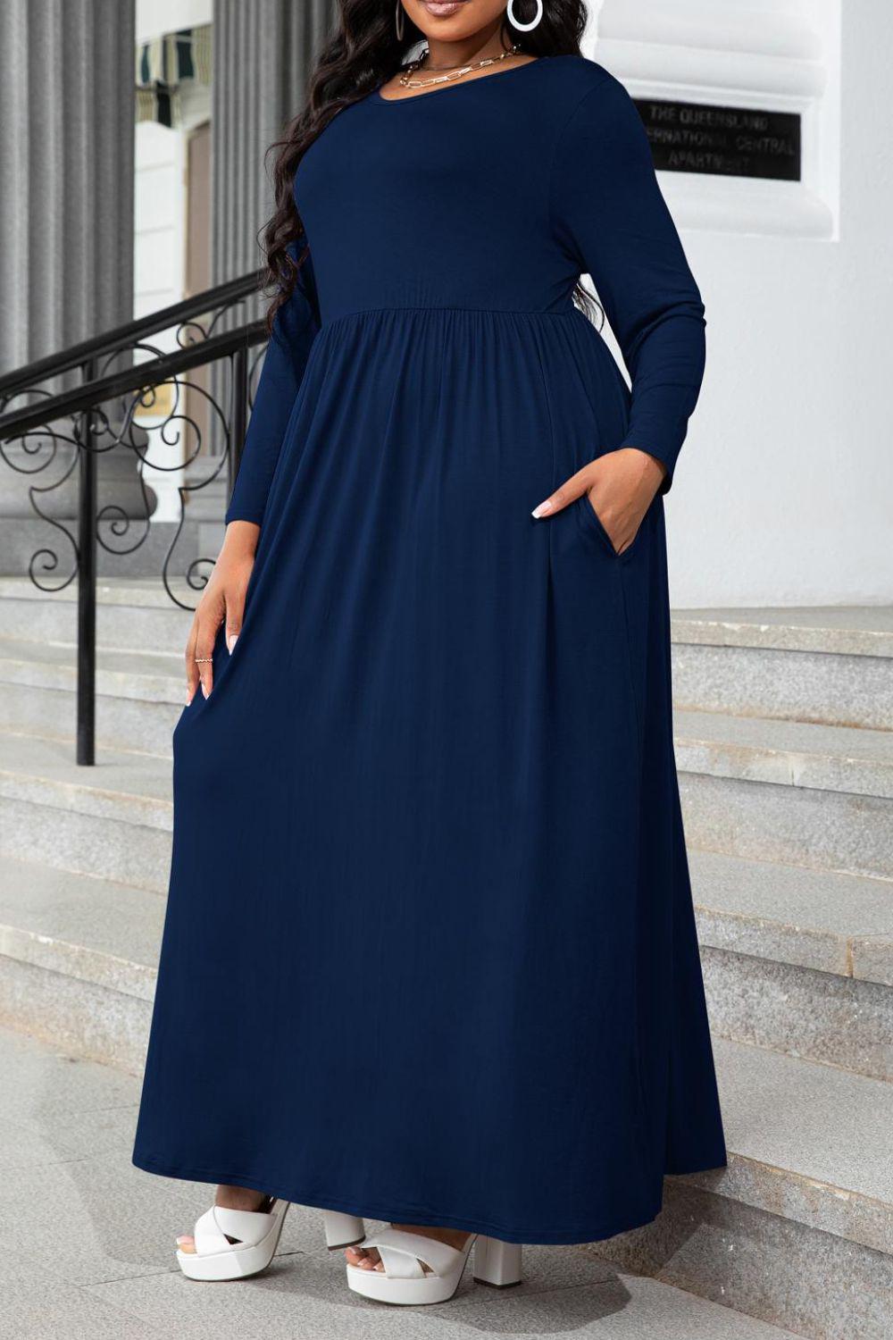 Plus Size Round Neck Long Sleeve Maxi Dress with Pockets BLUE ZONE PLANET
