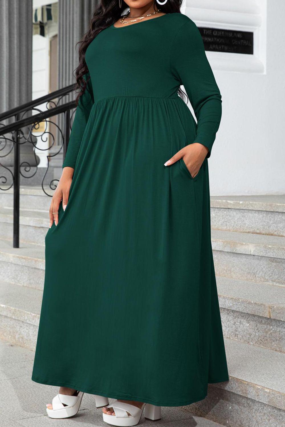 Plus Size Round Neck Long Sleeve Maxi Dress with Pockets BLUE ZONE PLANET
