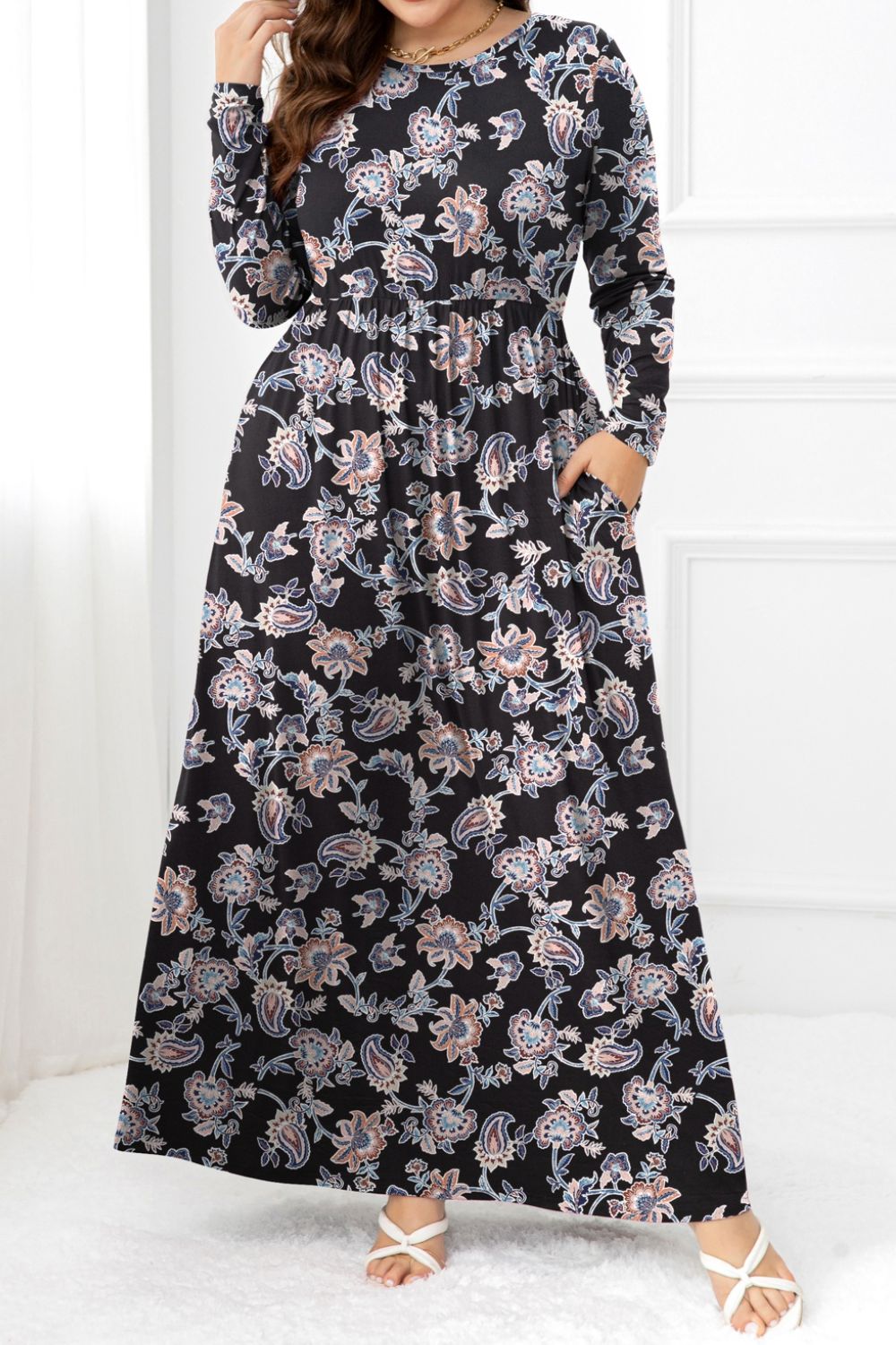 Plus Size Round Neck Long Sleeve Maxi Dress with Pockets BLUE ZONE PLANET