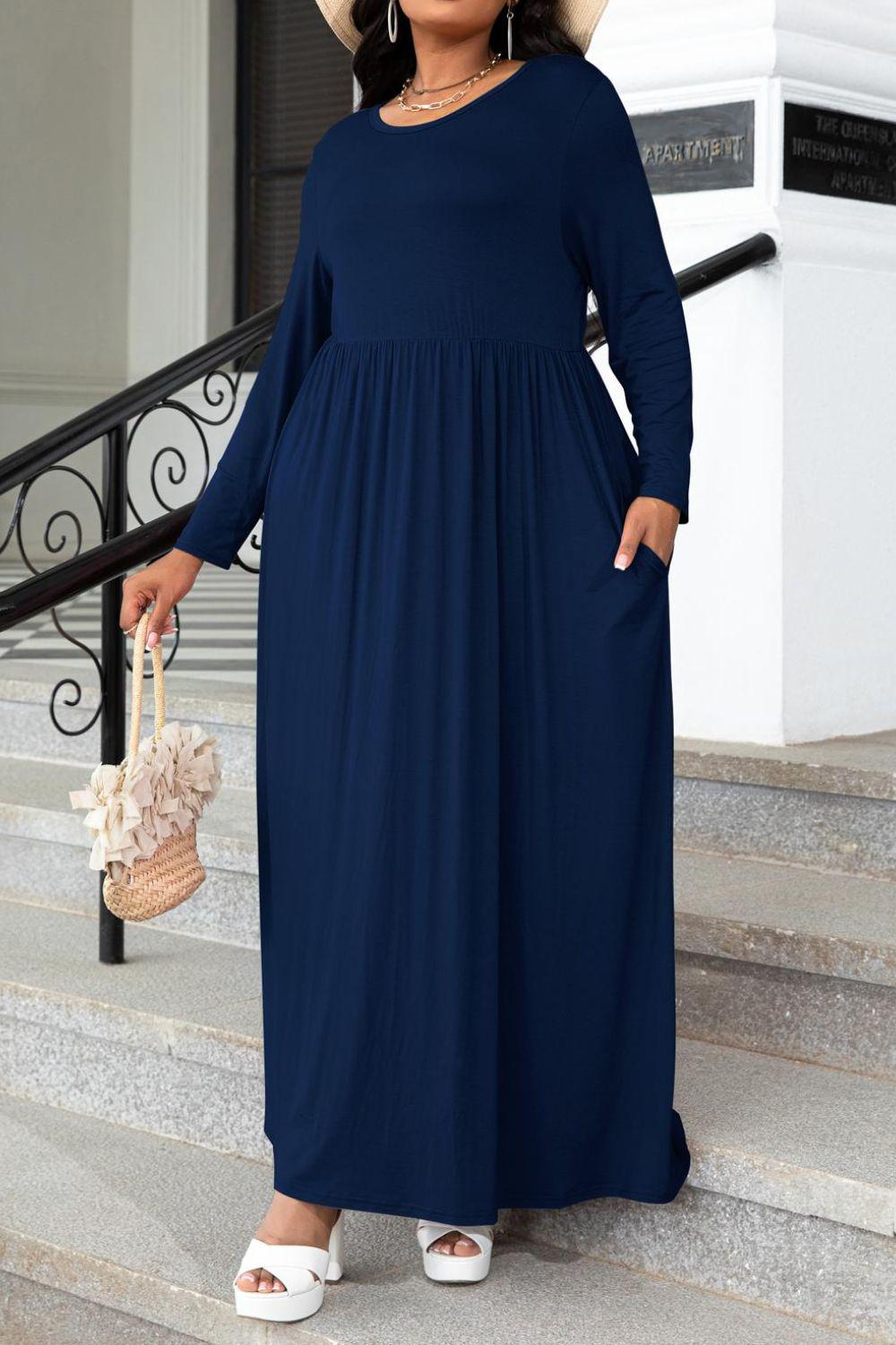 Plus Size Round Neck Long Sleeve Maxi Dress with Pockets BLUE ZONE PLANET