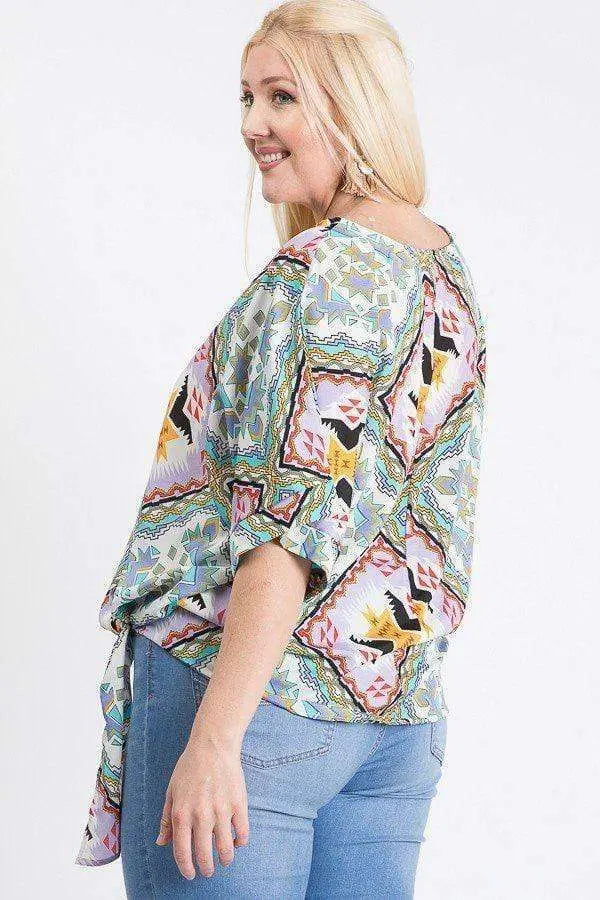 Plus Size Short Sleeve Side Knot Hemline Leopard Print Woven Top Blue Zone Planet