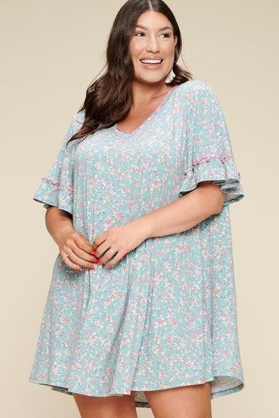 Plus Size Spring Floral Printed Lovely Swing Dress Blue Zone Planet