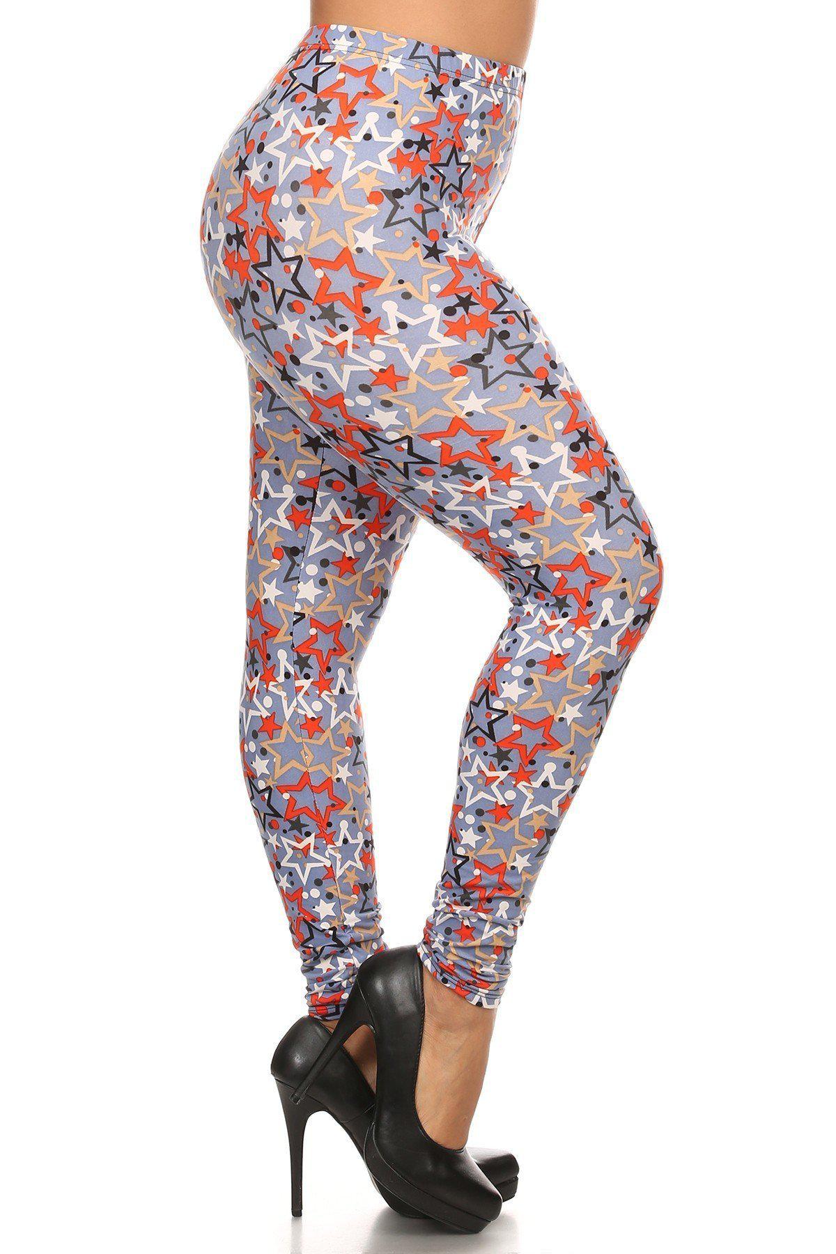 Plus Size Star Print, Full Length Leggings In A Slim Fitting Style With A Banded High Waist Blue Zone Planet