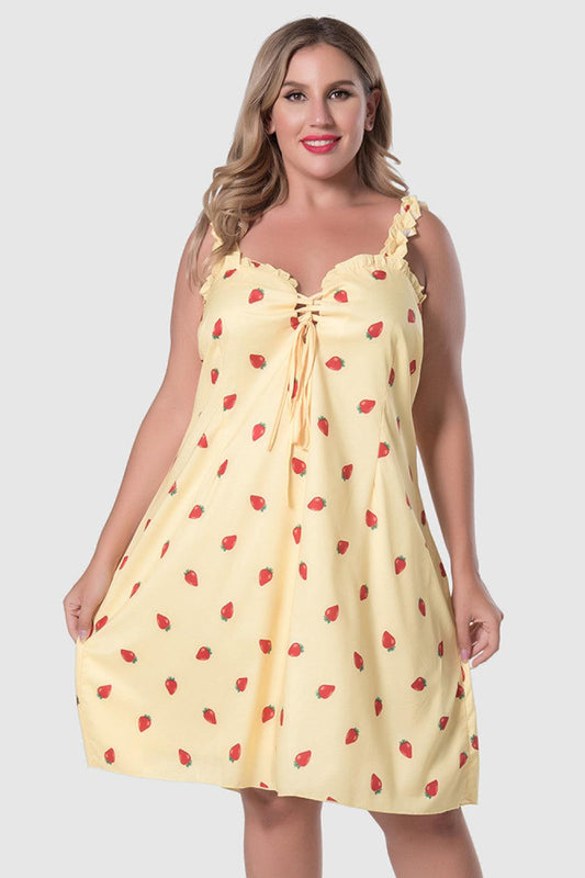 Plus Size Strawberry Print Sleeveless Dress BLUE ZONE PLANET