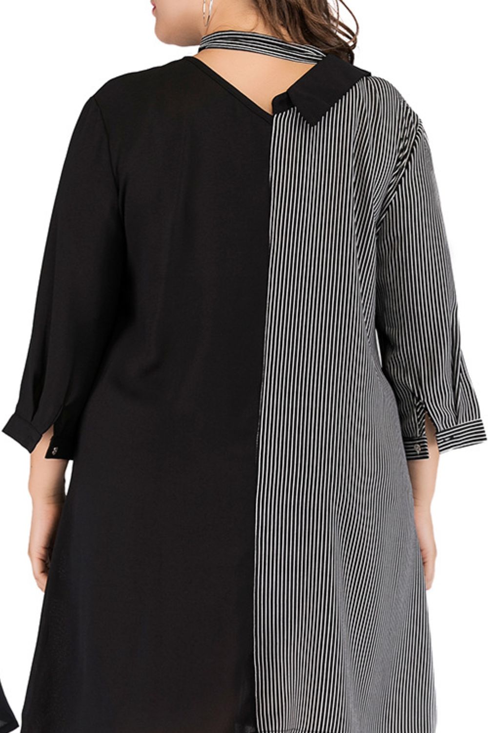 Plus Size Striped Color Block Tie-Neck Dress BLUE ZONE PLANET