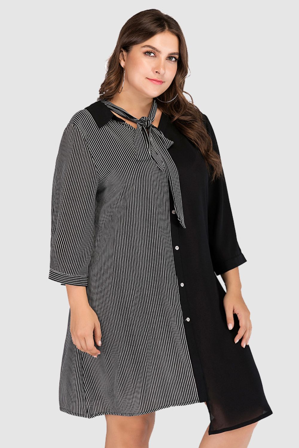 Plus Size Striped Color Block Tie-Neck Dress BLUE ZONE PLANET