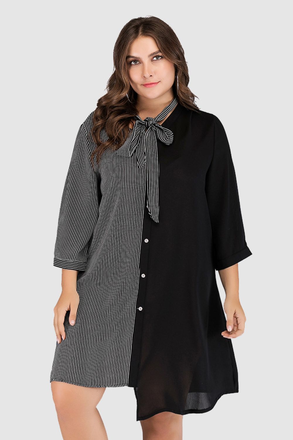 Plus Size Striped Color Block Tie-Neck Dress BLUE ZONE PLANET