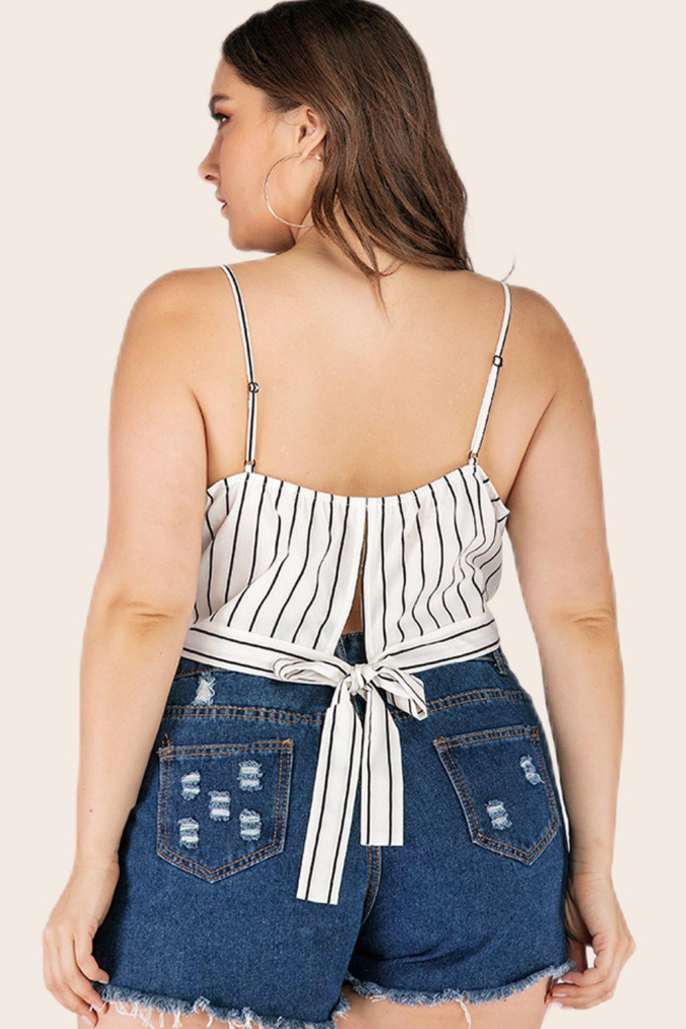 Plus Size Striped Tie-Back Cropped Cami BLUE ZONE PLANET