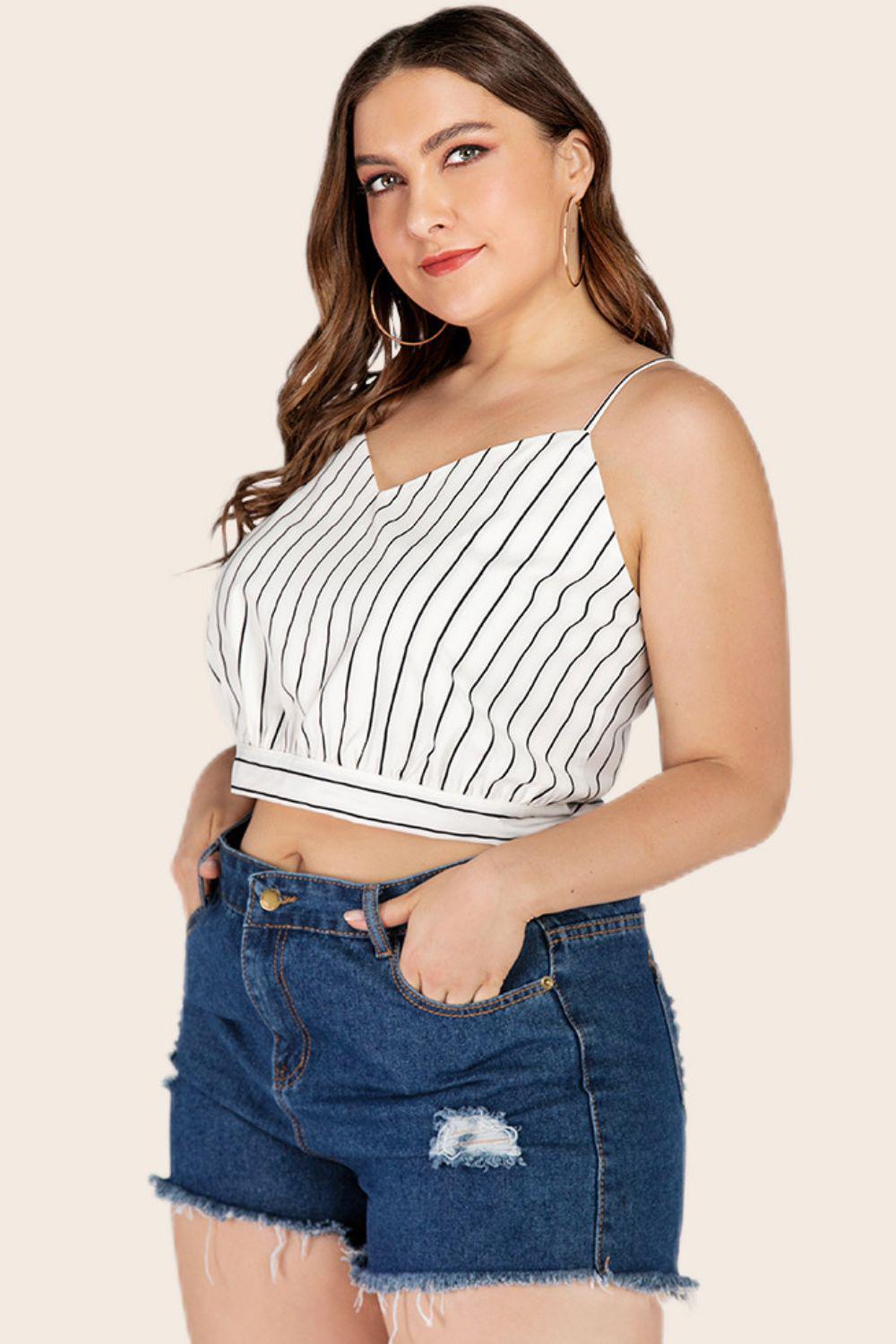 Plus Size Striped Tie-Back Cropped Cami BLUE ZONE PLANET