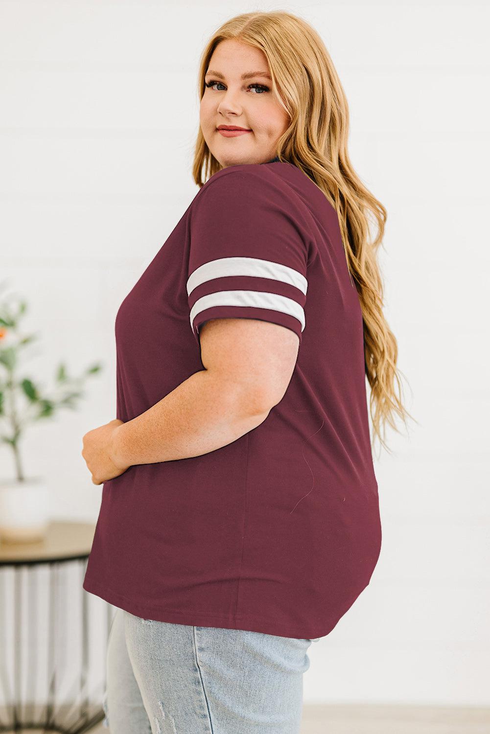 Plus Size Striped V-Neck Tee Shirt BLUE ZONE PLANET