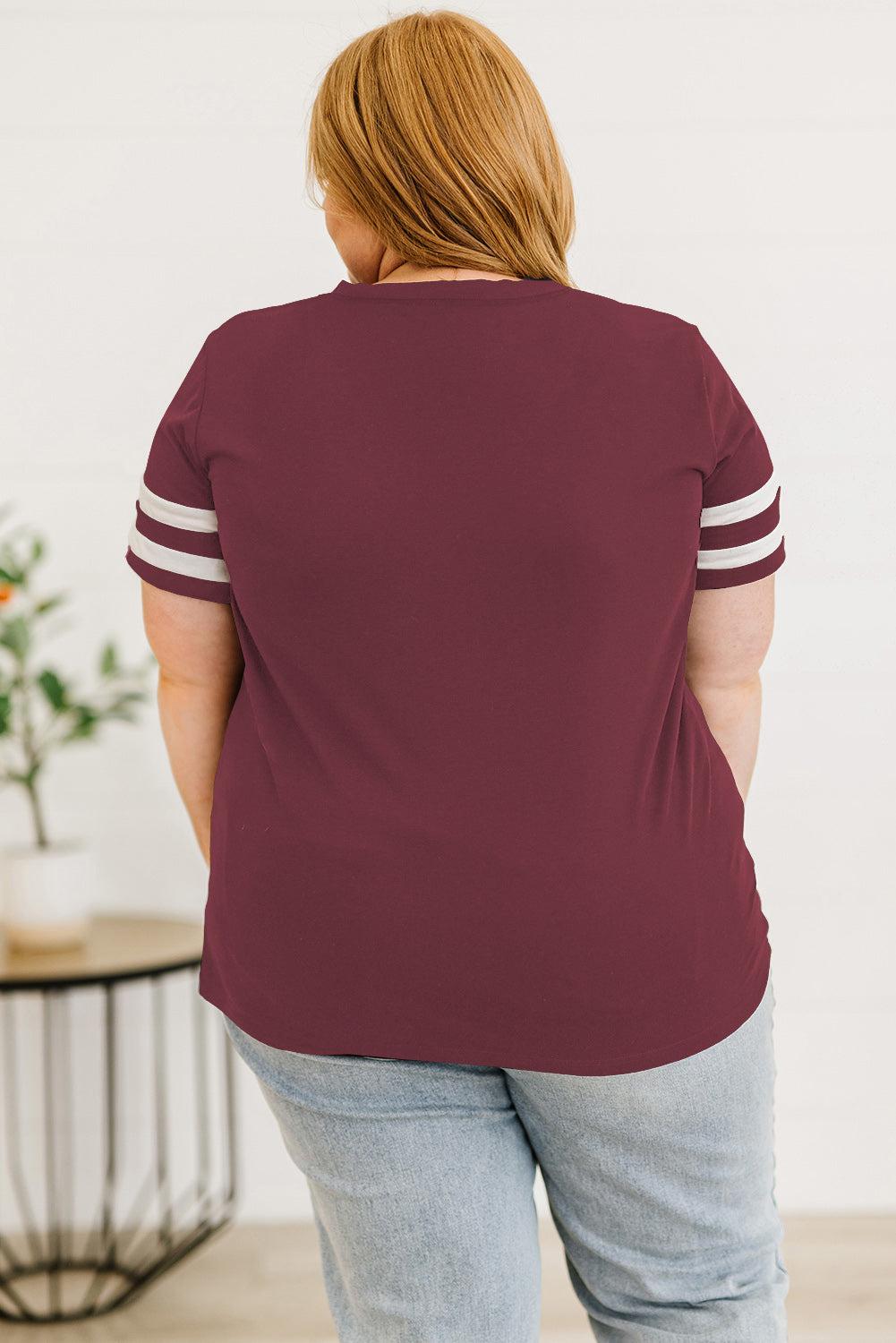 Plus Size Striped V-Neck Tee Shirt BLUE ZONE PLANET