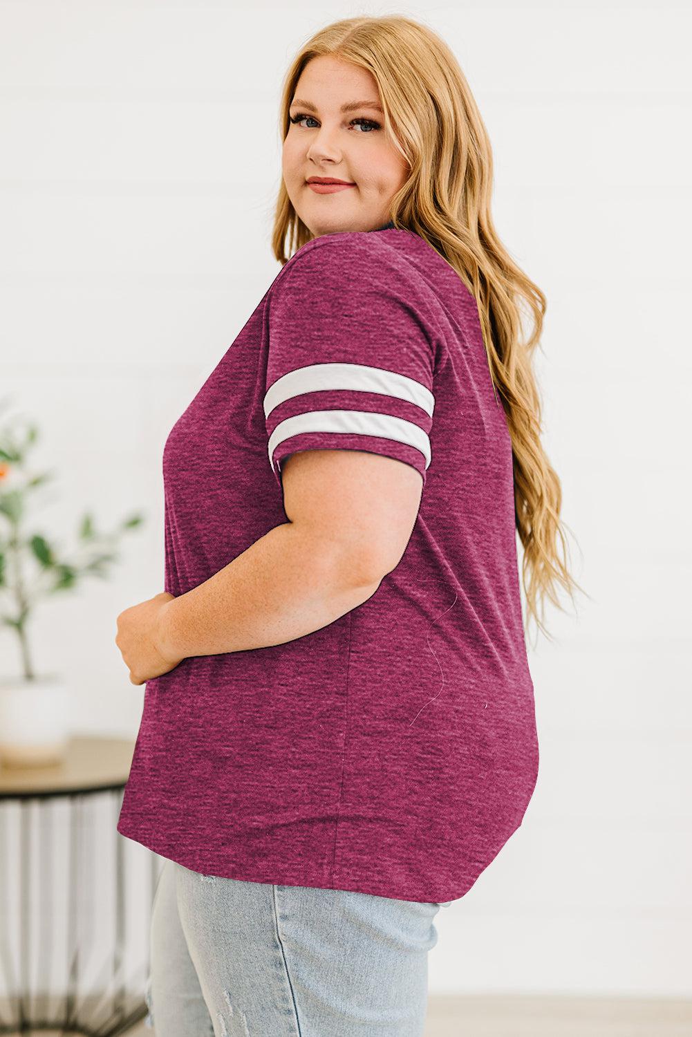Plus Size Striped V-Neck Tee Shirt BLUE ZONE PLANET
