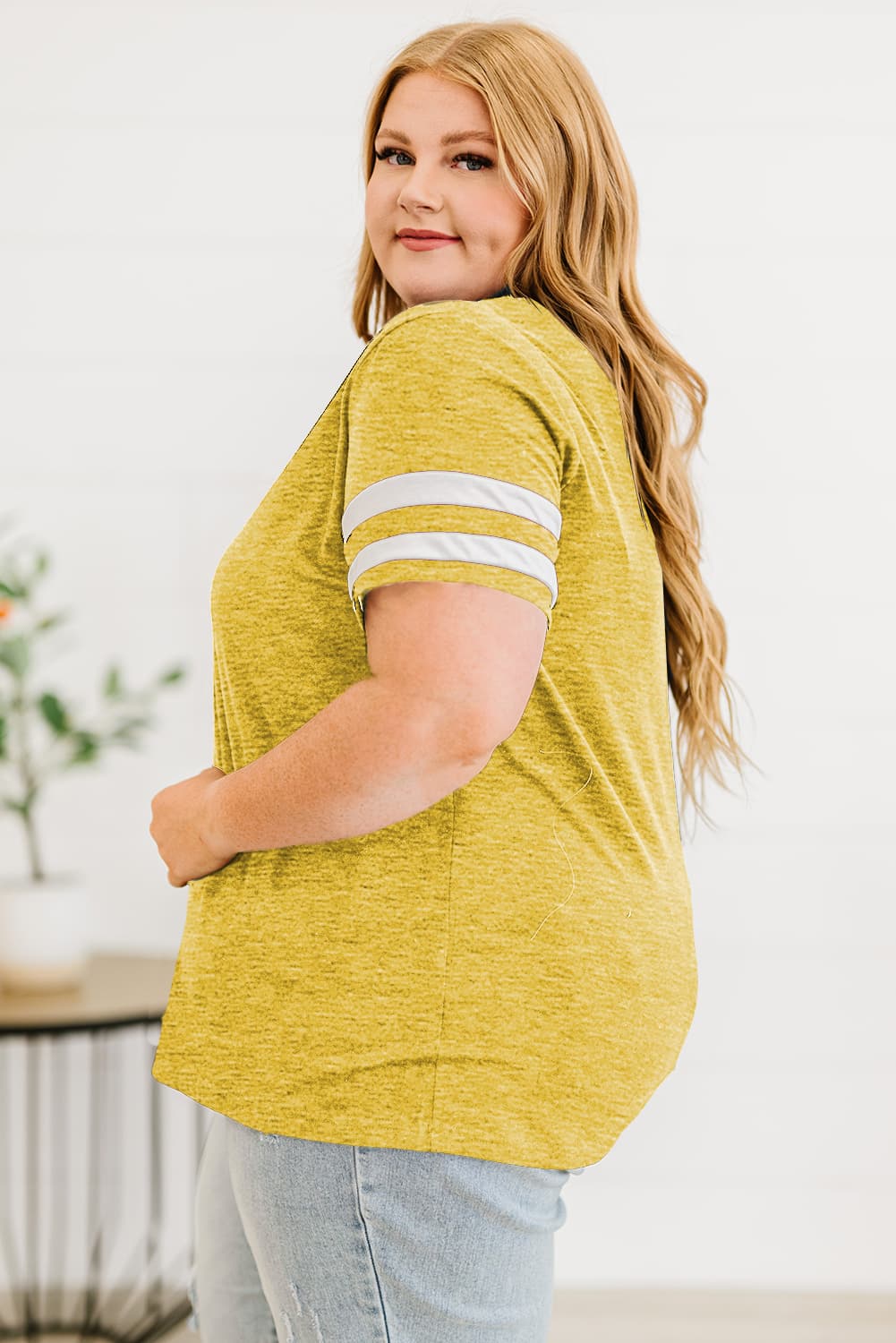 Plus Size Striped V-Neck Tee Shirt BLUE ZONE PLANET