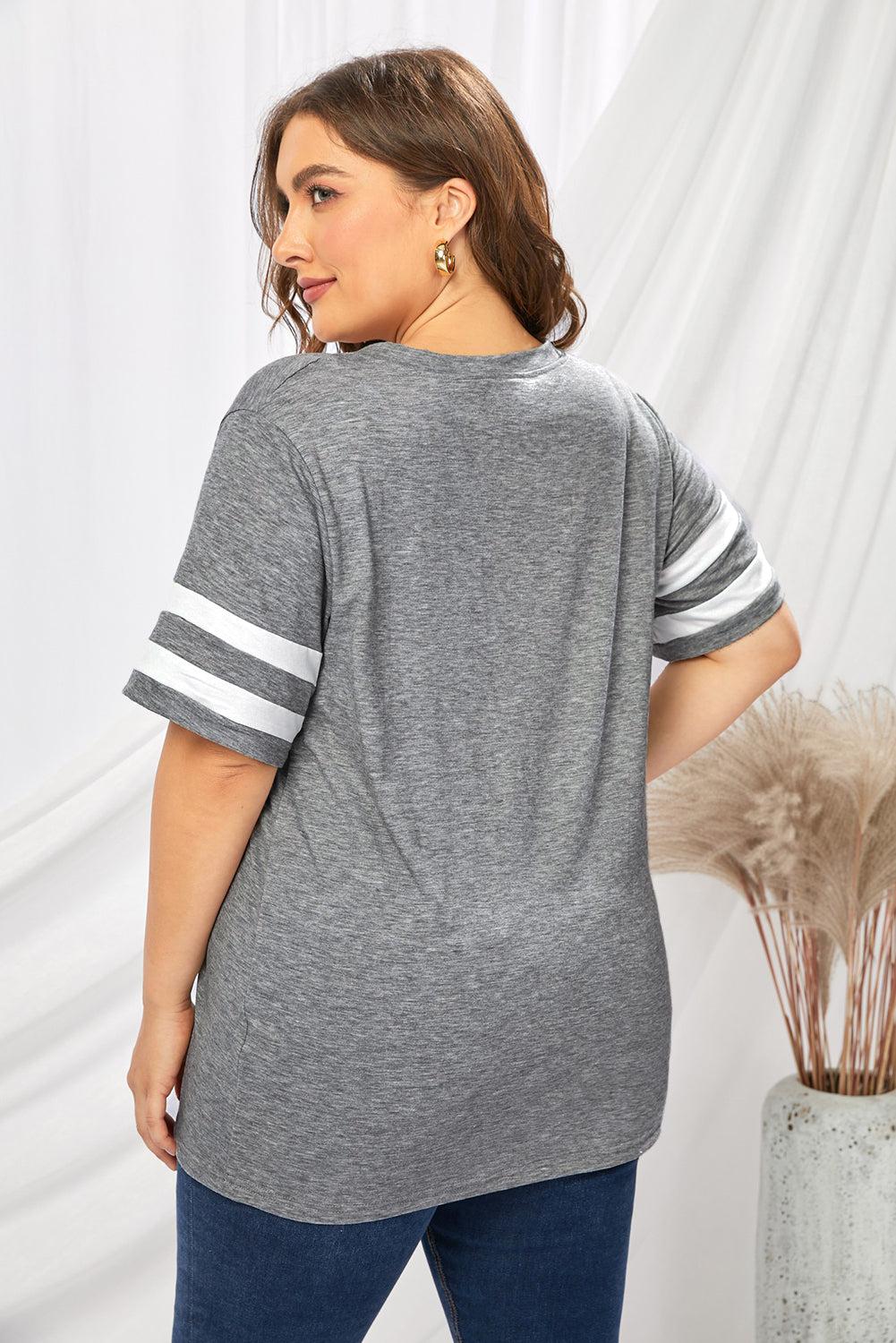 Plus Size Striped V-Neck Tee Shirt BLUE ZONE PLANET