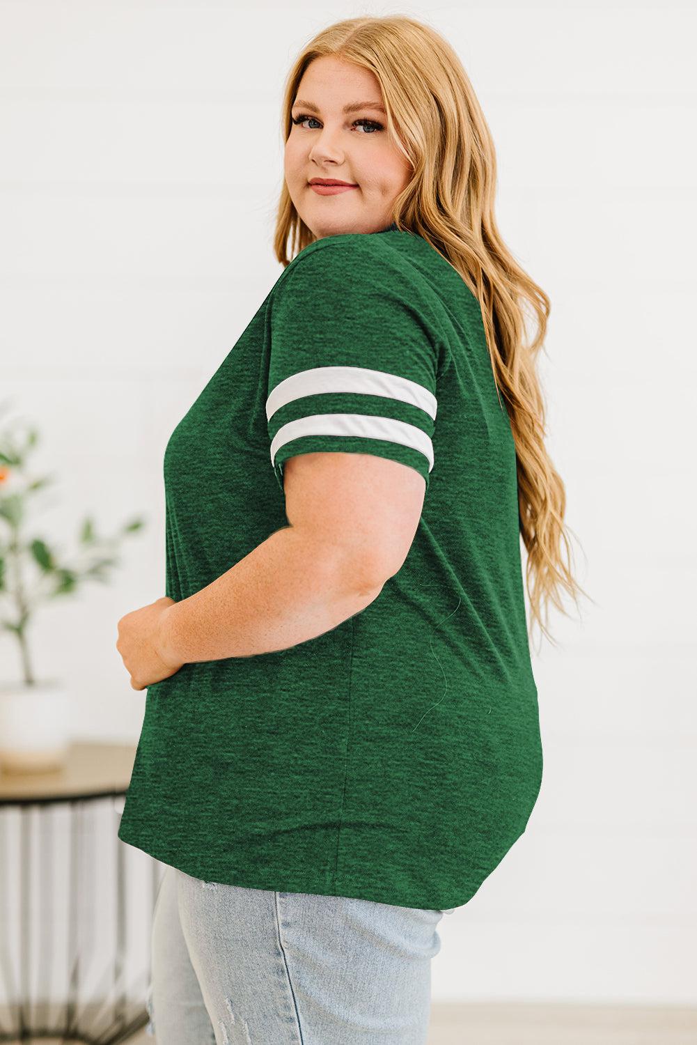 Plus Size Striped V-Neck Tee Shirt BLUE ZONE PLANET