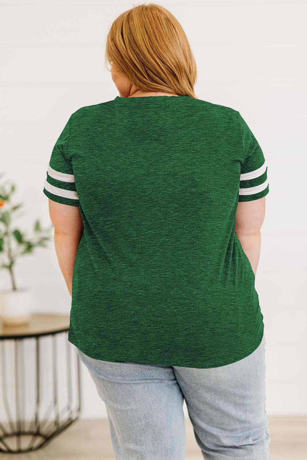 Plus Size Striped V-Neck Tee Shirt BLUE ZONE PLANET