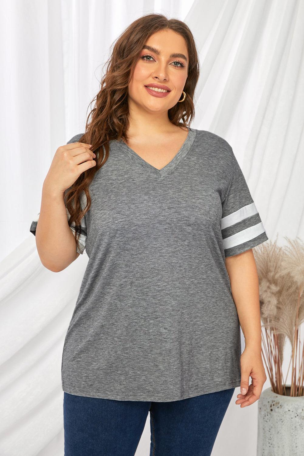 Plus Size Striped V-Neck Tee Shirt BLUE ZONE PLANET