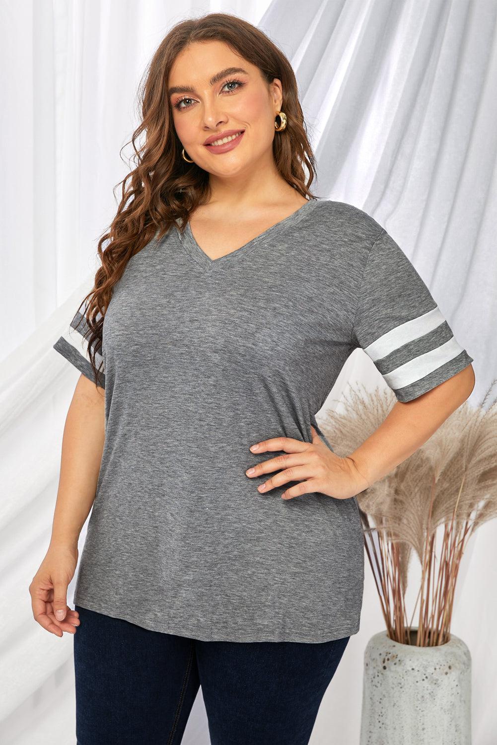 Plus Size Striped V-Neck Tee Shirt BLUE ZONE PLANET