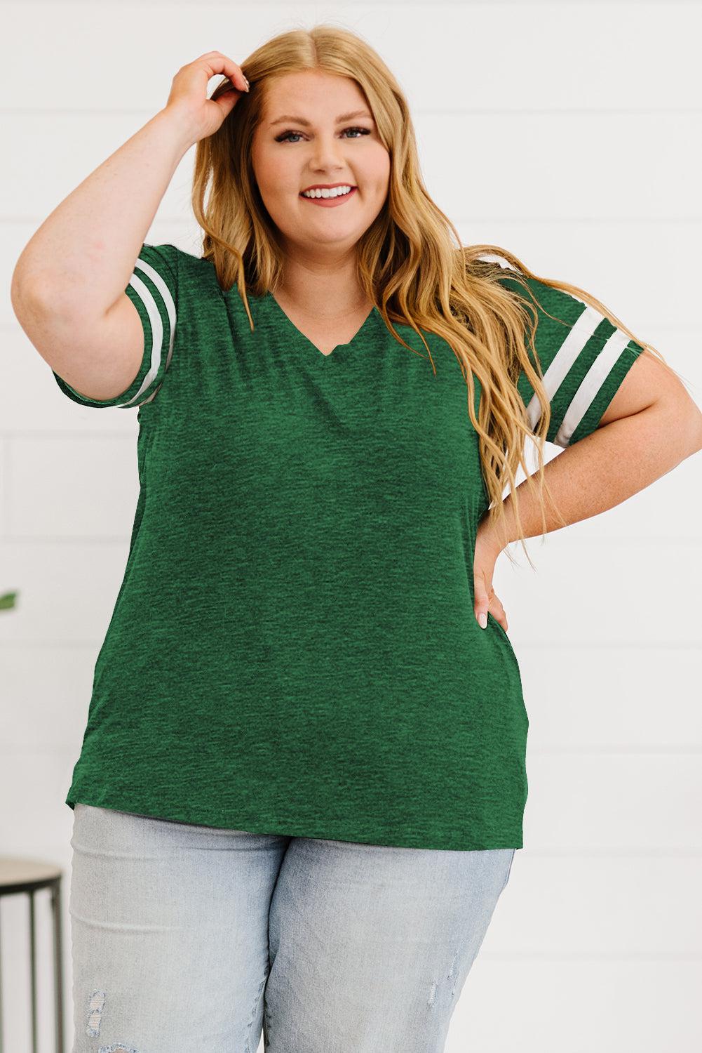 Plus Size Striped V-Neck Tee Shirt BLUE ZONE PLANET