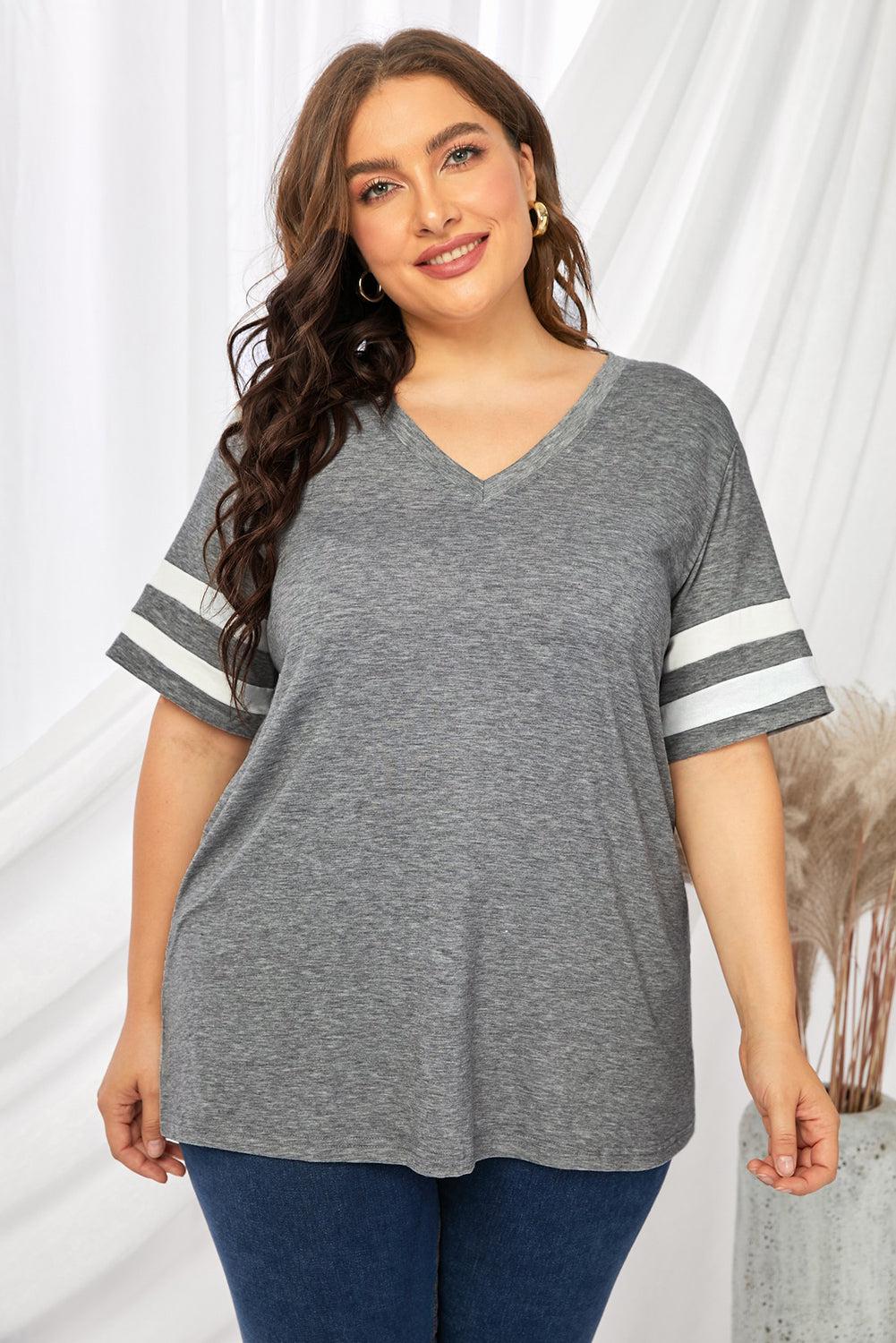 Plus Size Striped V-Neck Tee Shirt BLUE ZONE PLANET