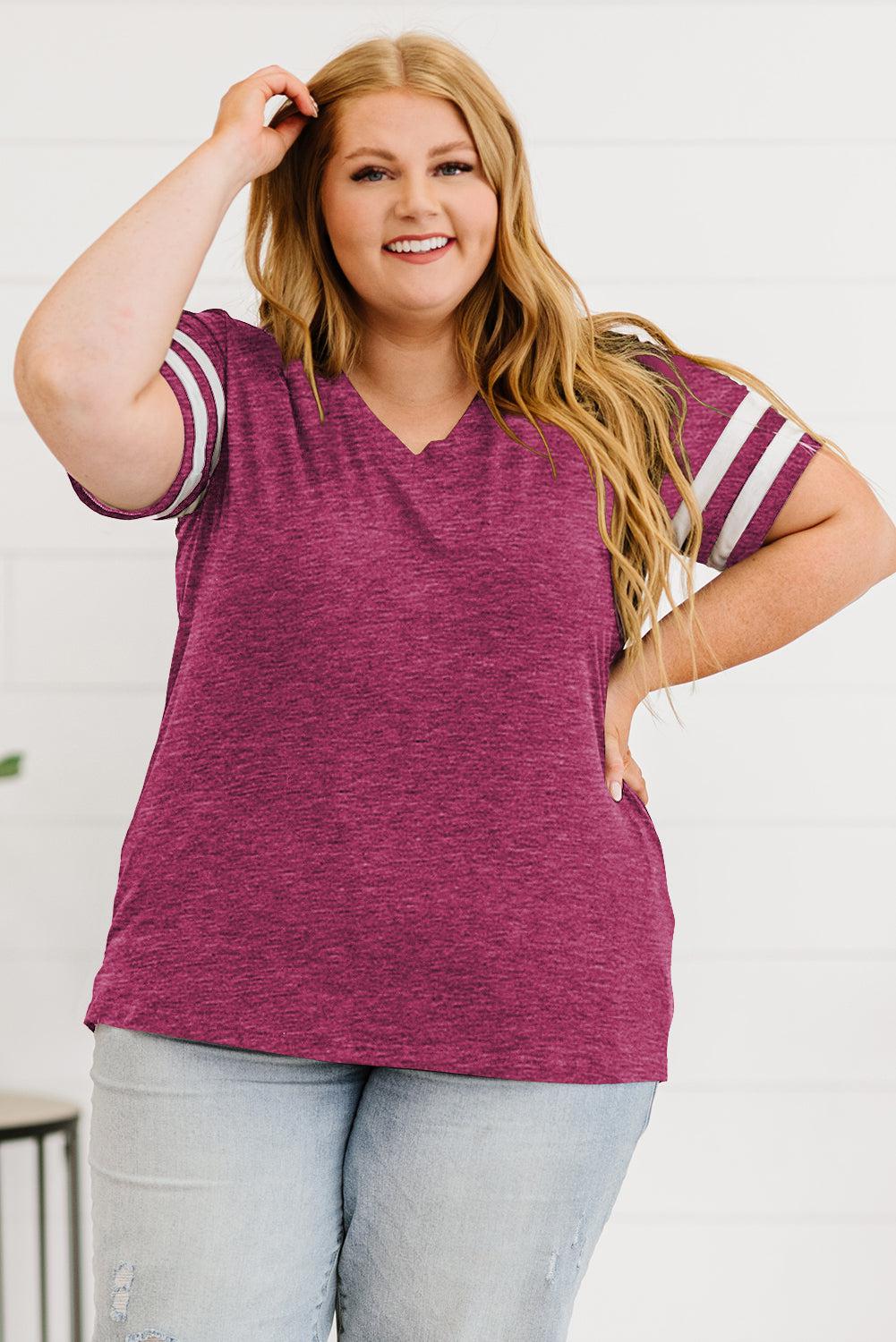 Plus Size Striped V-Neck Tee Shirt BLUE ZONE PLANET