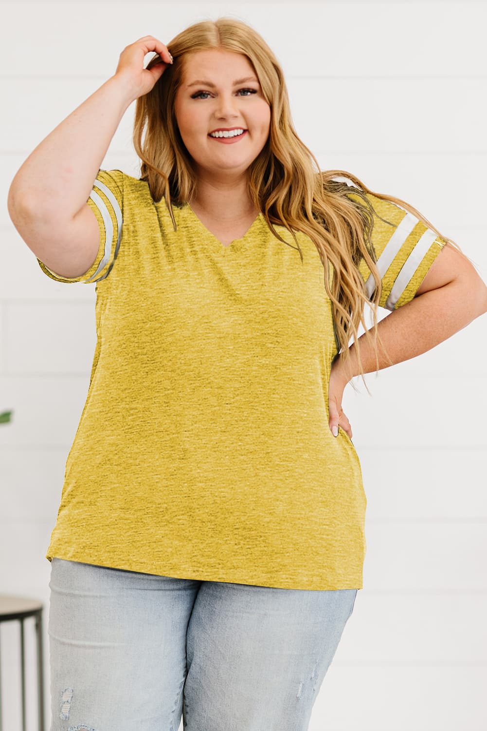 Plus Size Striped V-Neck Tee Shirt BLUE ZONE PLANET