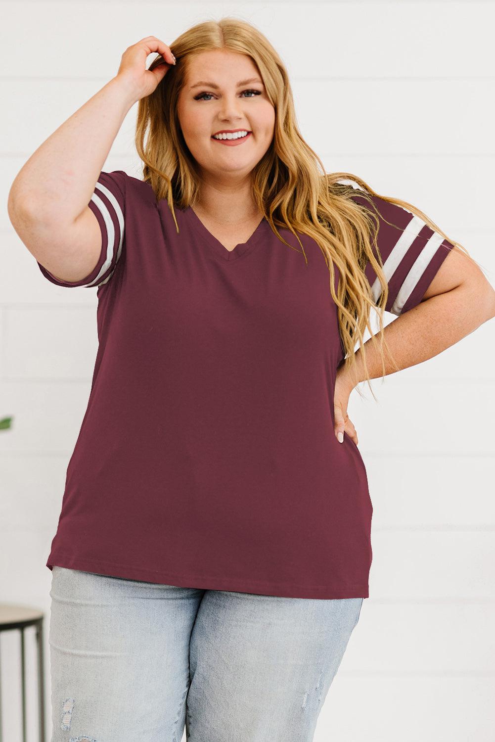 Plus Size Striped V-Neck Tee Shirt BLUE ZONE PLANET